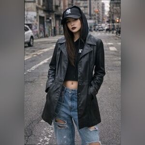 Vtg Bod & Christensen Women’s Leather Trench Coat Black Small Y2K Streetwear